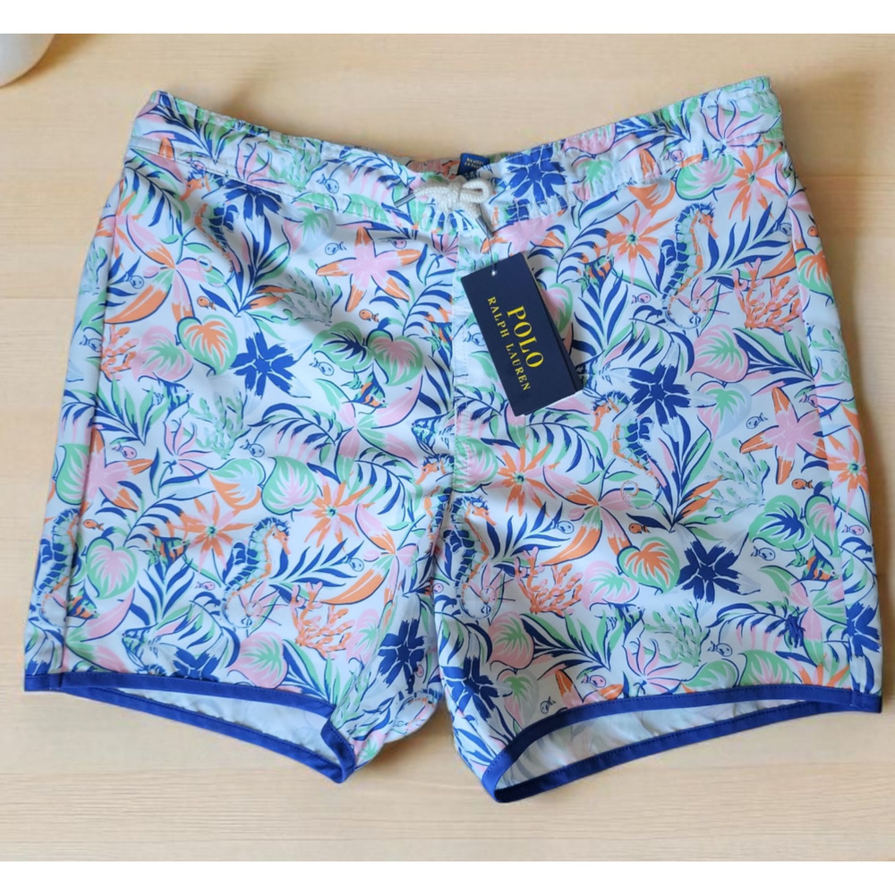 NWT Polo Ralph Lauren Boys Printed Swim Trunks Tropical Seahorse Lined Size M